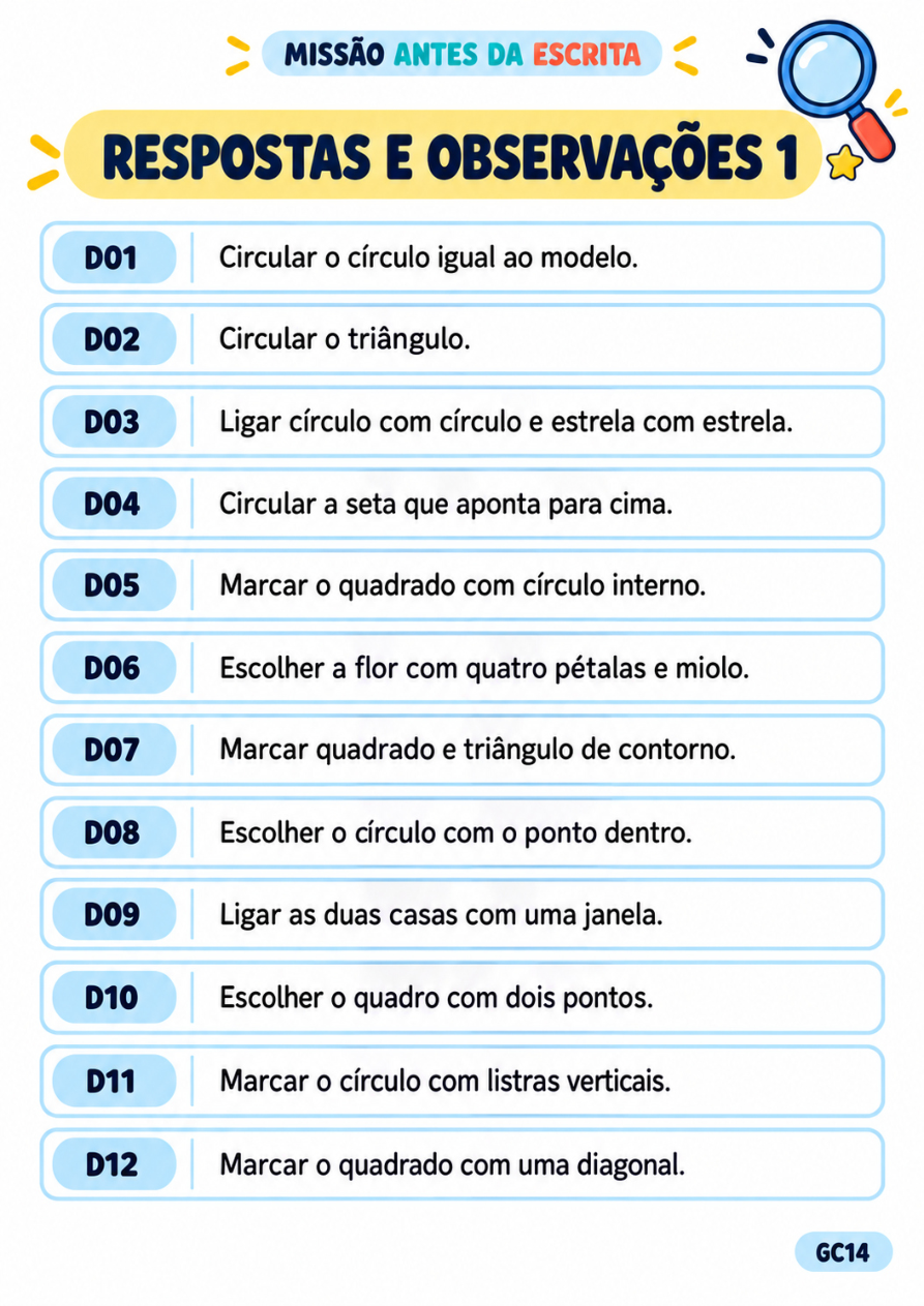 Página real do guia do adulto com respostas e observações para conferir as atividades D01 a D12
