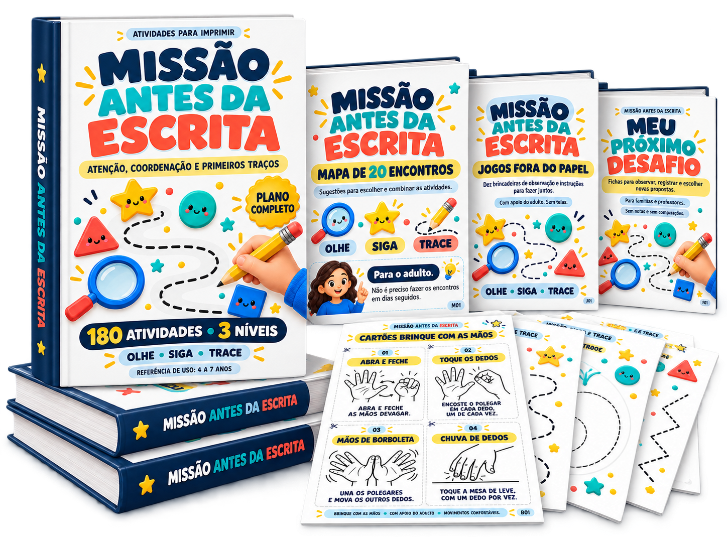 Mockup do kit digital Missão Antes da Escrita: material principal, bônus e folhas de atividades para imprimir